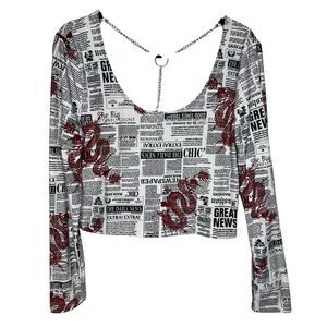 Derek Heart Women's Crop Top SZ XL Newspaper Dragon Print Art To Wear Eclectic